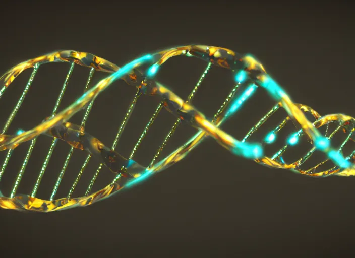 Image similar to a 3D render of a strand of DNA, glowing, bokeh, Canon 50mm, cinematic lighting, volumetric light, octane, octane render, redshift render