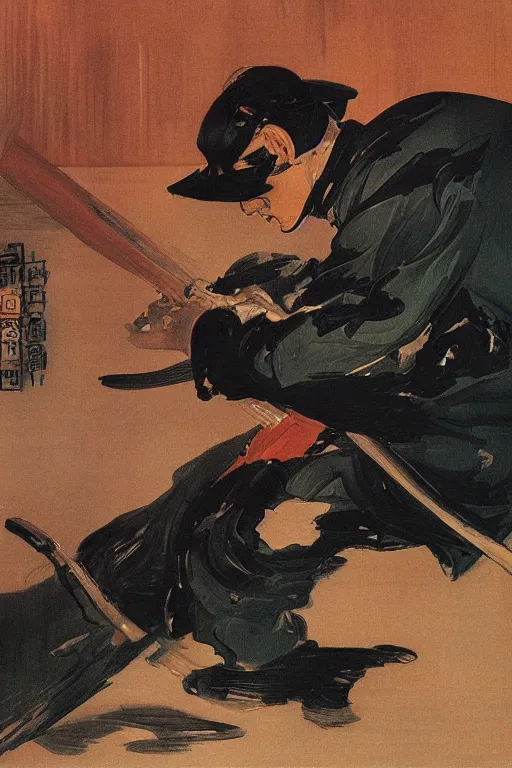 Image similar to portrit of a ninja on a rainy night by joaquin sorolla, syd mead, hokusai