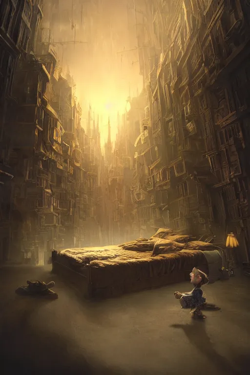 Image similar to Looking under a child's bed and seeing a tiny goblin city, dramatic lighting, cinematic, establishing shot, extremely high detail, foto realistic, cinematic lighting, post processed, concept art, high details, cinematic, 8k resolution, beautiful detailed, photorealistic, digital painting, artstation, concept art, smooth, sharp focus, artstation trending, octane render, unreal engine