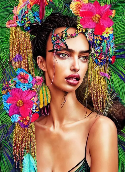 Image similar to beautiful portrait of Irina Shayk wearing dramatic Hand-dyed cotton dress,embellished beaded feather decorative fringe knots ,colorful pigtail,subtropical flowers and plants,symmetrical face,intricate,elegant,highly detailed,8k,digital painting,trending on pinterest,harper's bazaar,concept art, sharp focus, illustration,golden ratio,by artgerm,Tom Bagshaw,Lawrence Alma-Tadema,greg rutkowski