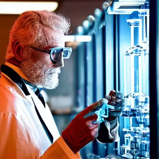 Prompt: Year 2150. Old while male Gray-haired scientist working in the laboratory wering glasses highly detailed human face. Samples of the glowing colourful anti matter in the test tubes displayed on his working station. Westworld movie style, ultrarealistic -4