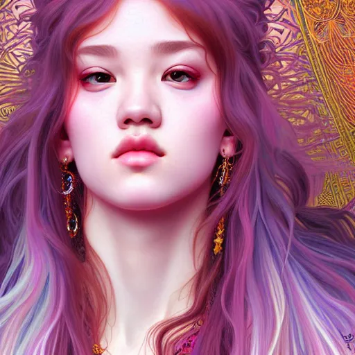 Image similar to portrait of jossi of blackpink, fractal goddess, highly detailed, digital painting, smooth, sharp focus, illustration, ultra realistic, 8 k, art by artgerm and alphonse mucha