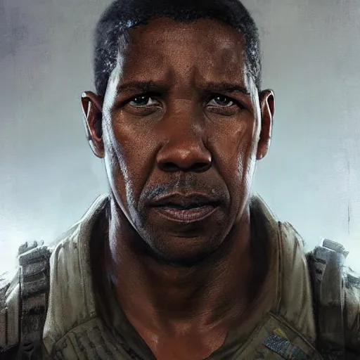 Image similar to portrait of a man by greg rutkowski, denzel washington as a colonial marine from aliens franchise, he is about 5 0 years old, military composure, wearing the tactical gear of the colonial marines, highly detailed portrait, digital painting, artstation, concept art, smooth, sharp foccus ilustration, artstation hq