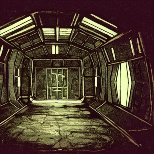 Image similar to the interior of a haunted space ship, horror style