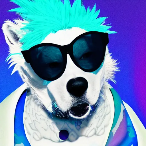 Prompt: Portrait of a White Woof with a blue mohawk wearing sunglasses in vaporwave style