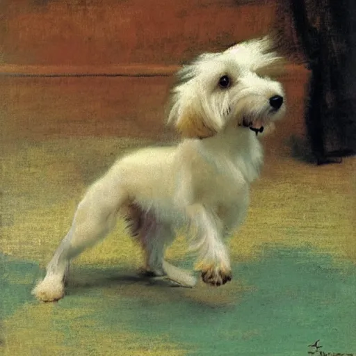 Prompt: a cream-colored Havanese dog performing ballet, by Edgar Degas