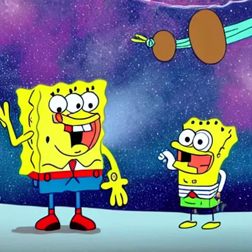 Image similar to spongebob in space crying on patrick