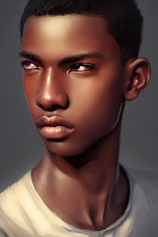 Image similar to young teenager boy with straight short brown hair, dark skin, big lips. highly detailed, d & d, fantasy, highly detailed, digital painting, trending on artstation, concept art, sharp focus, illustration, art by artgerm and greg rutkowski and fuji choko and viktoria gavrilenko and hoang lap