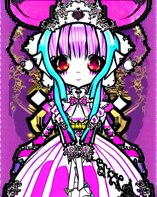 Prompt: baroque bedazzled gothic royalty frames surrounding a pixelsort emo demonic horrorcore japanese beautiful jester decora moe doll, low quality sharpened graphics, remastered chromatic aberration, detailed maximalist sanrio art