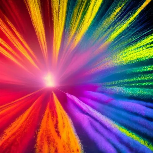 Image similar to A centered explosion of colorful powder on a black background