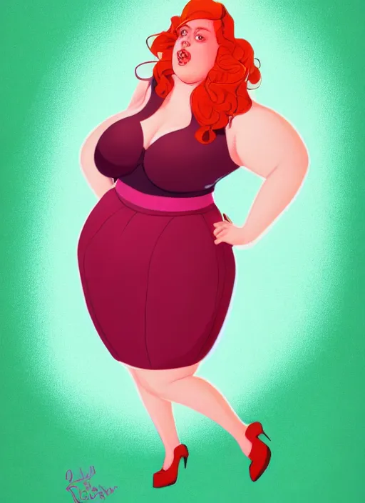 Prompt: full body portrait of teenage cheryl blossom, obese, bangs, green eyes, sultry expression, red hair, sultry smirk, bangs and wavy hair, pink skirt, obese, intricate, elegant, glowing lights, highly detailed, digital painting, artstation, concept art, smooth, sharp focus, illustration, art by wlop, mars ravelo and greg rutkowski