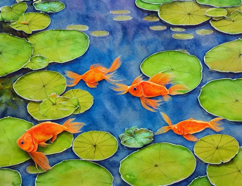 Prompt: bent goldfish in a pond of lilypads the beloved children's book illustrator has a beautiful composition, interesting color scheme and intricate details, watercolor