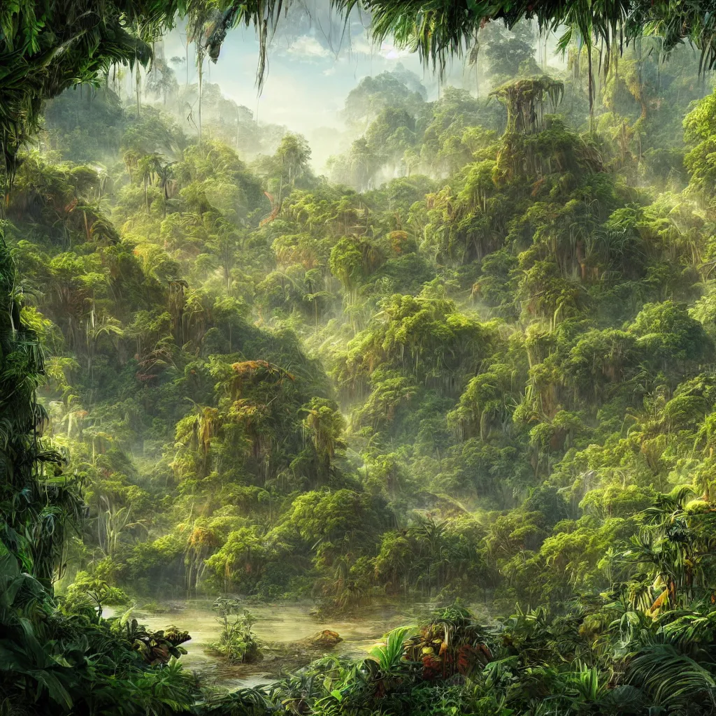 Image similar to painting of a jungle scene on an alien planet by vincent bons. ultra sharp high quality digital render. detailed. beautiful landscape. weird vegetation. water.