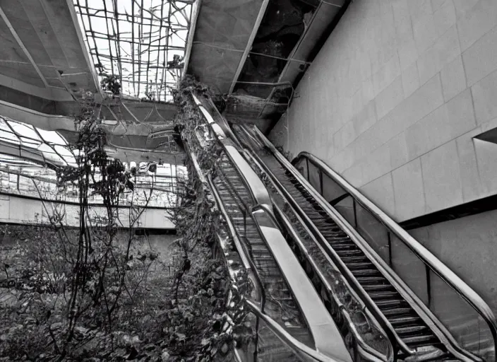 Prompt: an escalator in an abandoned mall in the 1 9 8 0 s, taken over by nature, covered in vines, brutalism