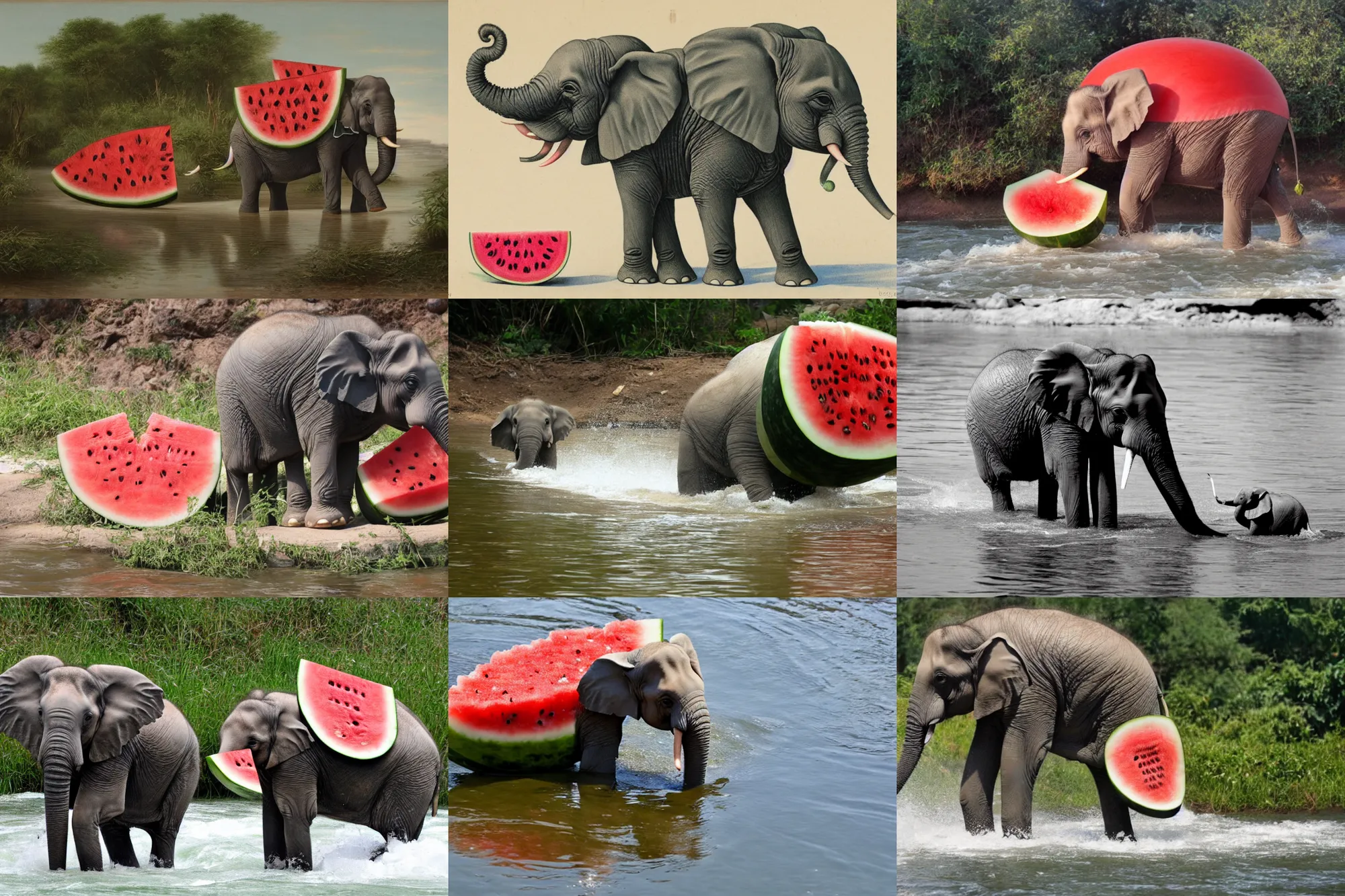 Prompt: a small elephant sits in a short watermelon and swims along the river of white milk, white water