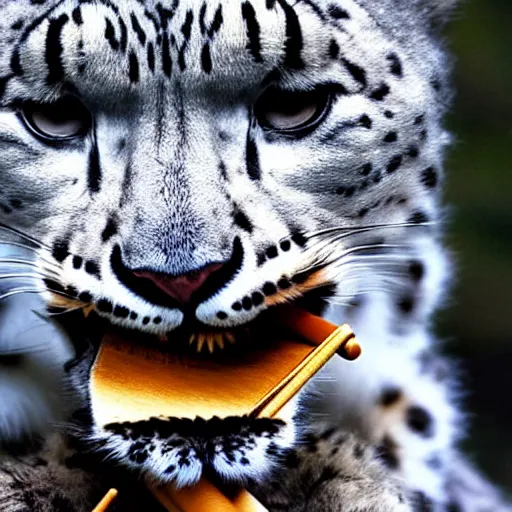 Image similar to a snow leopard with a blunt in his mouth smoking, award-winning photograph