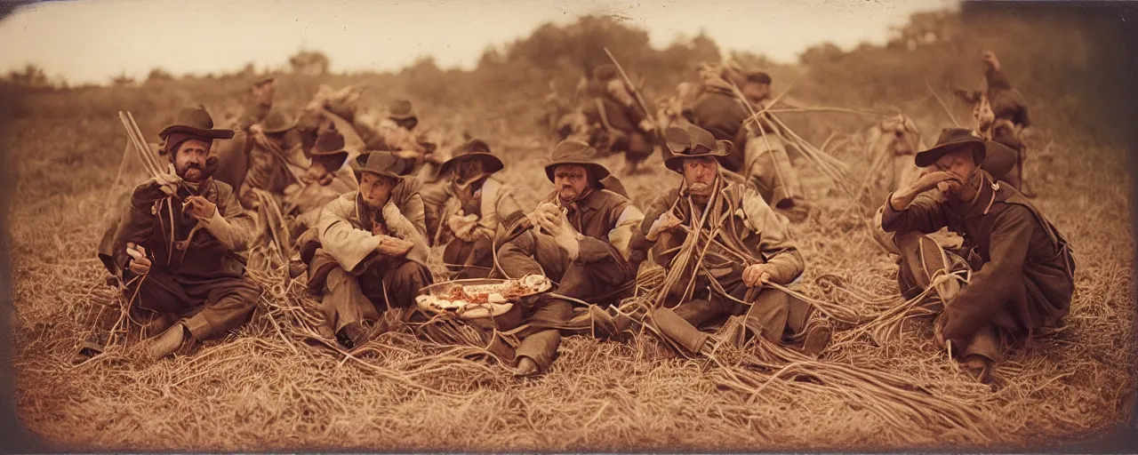 Image similar to eating spaghetti on the battlefield, american civil war, tintype sigma 5 0 mm, cinematic lighting, photography, wes anderson, kodachrome