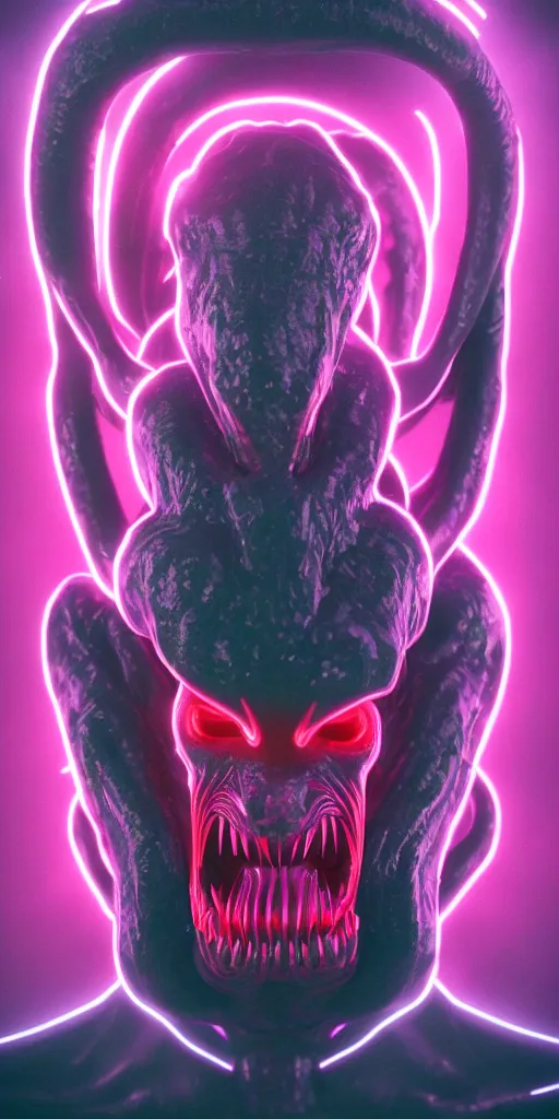 Image similar to synthwave demonic alien face with neon horns, detailed face, sharp focus, synthwave art, aesthetic, octane render, raw, cinematic