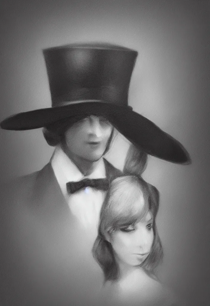 Image similar to elegant long hair lady wearing gentleman suit and tophat portrait photorealism noir