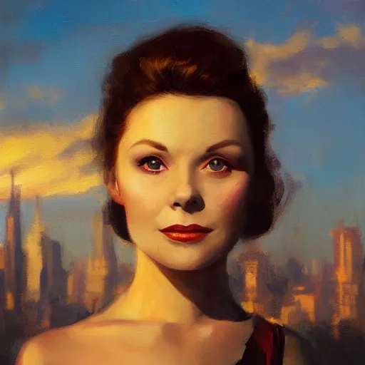Image similar to closeup portrait of a young vivian leigh, seductive smile, chiaroscuro, city background, golden hour, dramatic lighting, complementary contrast, high detail, painted by greg rutkowski, painted by igor kieryluk, trending on artstation