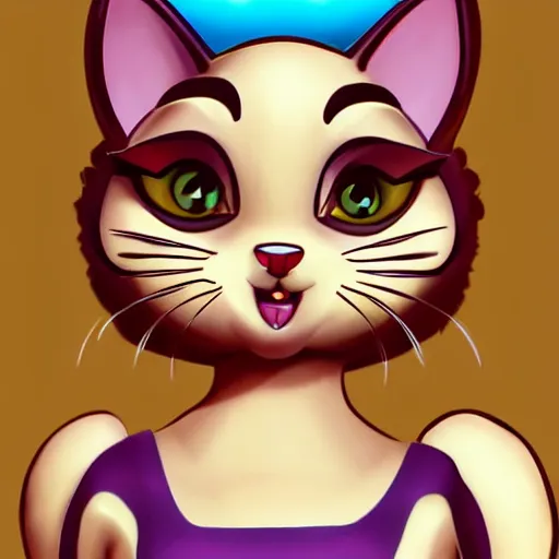 Prompt: very beautiful anthropomorphic cat toon female from Toontown, cartoony, disney, smiling, flirty, eye contact, cute cartoony face, perfect body, art from furaffinity