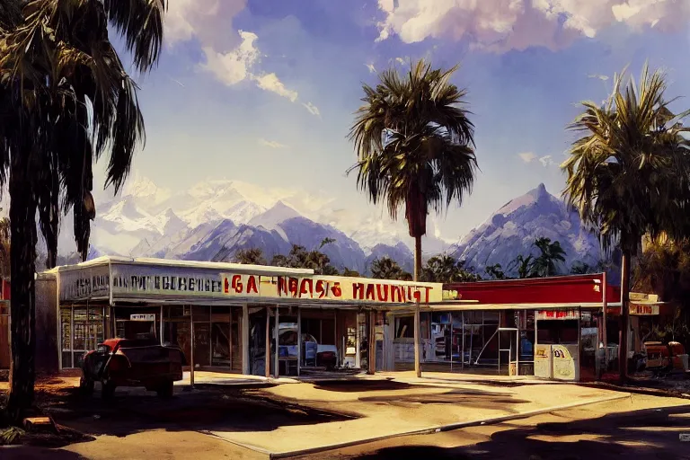 Prompt: natural american landscape | abandoned gas station | palm trees | snowy mountains, painting by syd mead and weta studio and james jean, frank frazetta, highly detailed, rule of third, soft lighting, 8 k resolution, oil on canvas, architectural magazine, beautiful detailed, insanely intricate details, artstation trending, hypermaximalistic, high details, cinematic