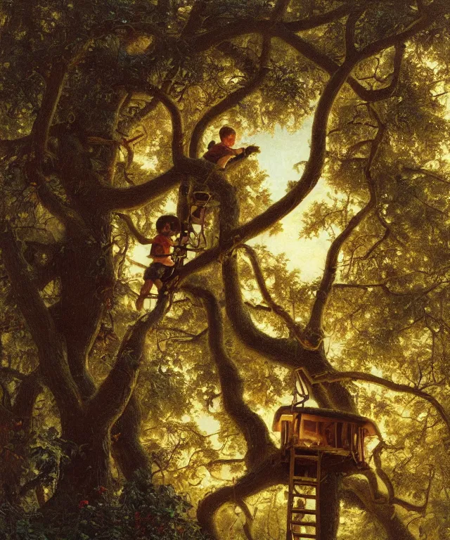 Prompt: masterful oil on canvas painting, eye - level view, shot from 5 0 feet distance, of a kid playing in a treehouse. in the background is a whimsical sparse forest. by ambrosius benson and gerald brom. golden hour, detailed, depth, volume, chiaroscuro, quiet intensity, vivid color palette.