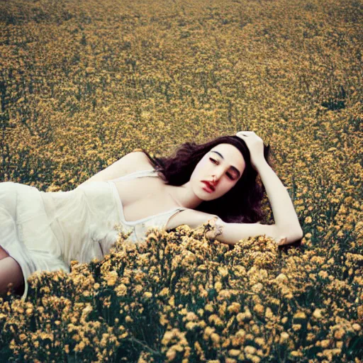 Prompt: fine art photo of the beauty gal gadot, she is lying down and covered by dried flowers, taken by oleg oprisco