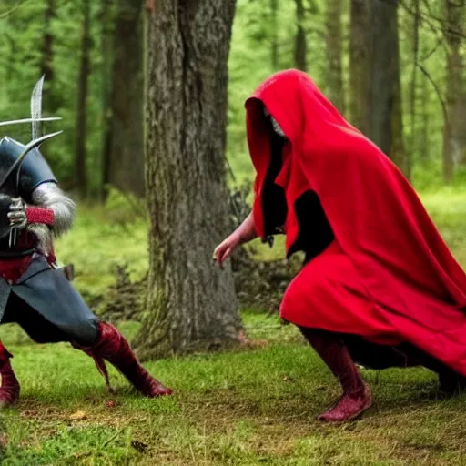 Image similar to red riding hood warrior fending off a werewolf