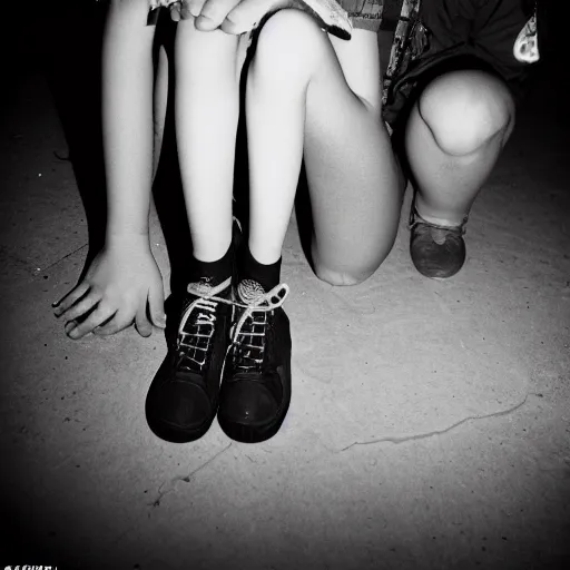 Prompt: An unprofessional photo of a cybernetic underage girl sitting on a dirty floor in the dark, camera flash, weird, scary, documentary photo, close up