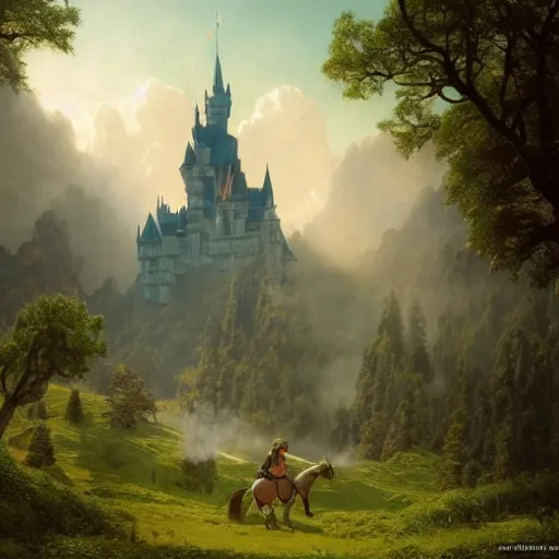 Prompt: beautiful matte art of a big castle in a serene landscape, a knight riding a horse, dragons flying, by albert bierstadt, green grass, highly detailed, crystal lighting, mystical, forest, hyperrealistic, 4 k, unreal engine, magical, by joe fenton, by greg rutkowski, by greg tocchini, by kaws, by kate beaton, by kaethe butcher