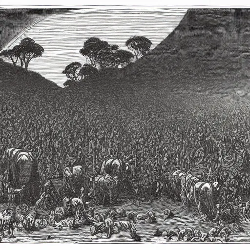 Image similar to woodblock print of the sons of cain wandering antediluvian fields with their beastly herds, genesis, by gustave dore