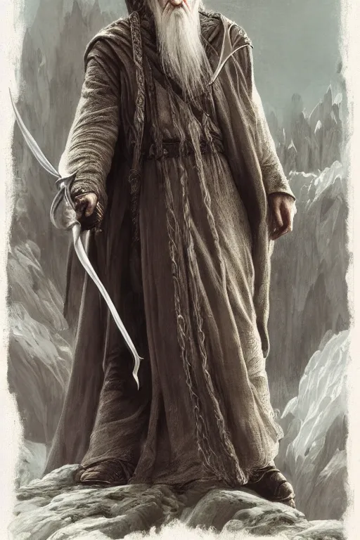 Prompt: Gandalf from Lord of the Rings, diffuse lighting, fantasy, intricate, elegant, highly detailed, lifelike, photorealistic, digital painting, artstation, illustration, concept art, smooth, sharp focus, art by John Collier and Albert Aublet and Krenz Cushart and Artem Demura and Alphonse Mucha