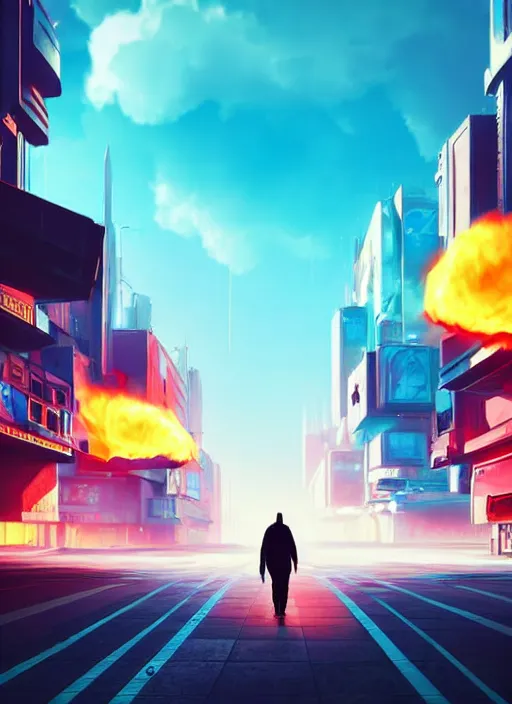 Prompt: a man walks happily down the street with his head on fire in a futuristic cyberpunk city, the sky is a turquoise blue with beautiful white fluffy clouds, hyper realism volumetric lighting