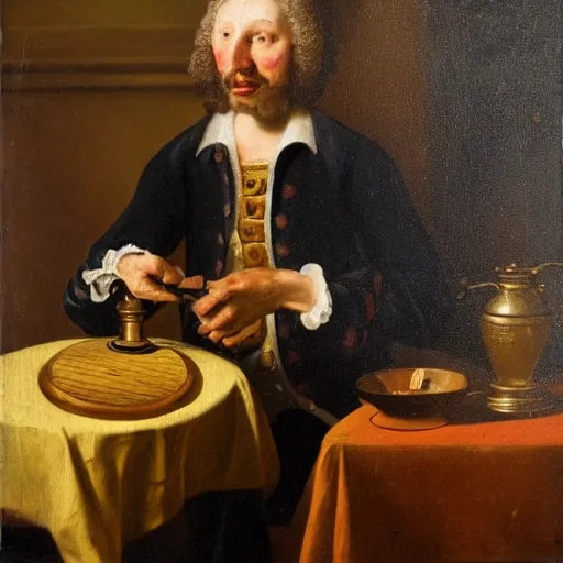 Prompt: man smoke weed in gravity bong - vase with his fire in still life with a gold wooden frame on the wall in the museum. sunny day. light - leaks, dutch masters, 1 8 th century. oil on canvas