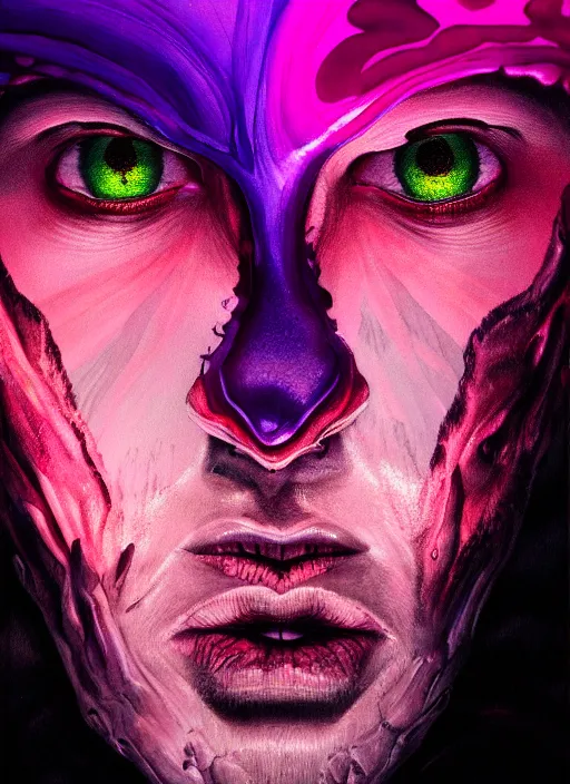 Image similar to close up portrait of a gay monster in the mountains of hell, pink light, purple gay colors, oil painting by tomasz jedruszek, cinematic lighting, pen and ink, intricate line, hd, 4 k, million of likes, trending on artstation