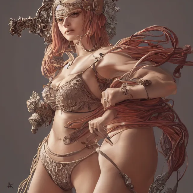 Image similar to studio portrait of neutral good colorful female cleric bard healer as absurdly beautiful, elegant, young sensual swimsuit model, ultrafine hyperrealistic detailed face illustration by kim jung gi, irakli nadar, intricate linework, sharp focus, bright colors, matte, octopath traveler, final fantasy, unreal engine highly rendered, global illumination, radiant light, intricate environment