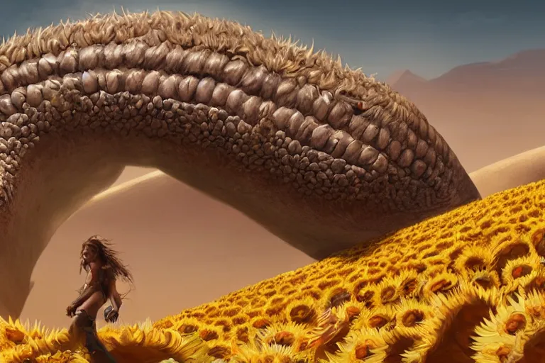 Prompt: giant sand worm monster with the head of a sunflower, sunflower worm, sunny desert, character art by Greg Rutkowski, 4k digital render