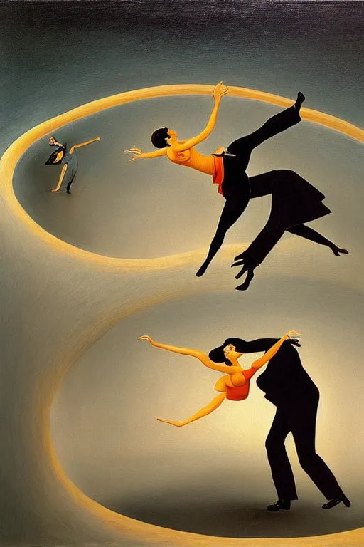 Image similar to optical illusion painting of a couple dancing in a worm hole, illusionism, mind blow, by leandro erlich and salvador dali, detailed