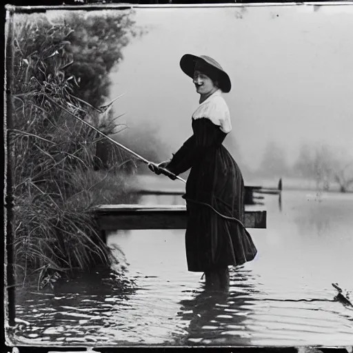 Image similar to a young edwardian woman fishing from a small wooden pier in a pond, black and white photograph