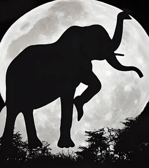 Prompt: elephant riding a flying bike across the full moon as silhouette, from the movie e. t. the extra terrestrial, with dark trees in foreground, cinematic frame by steven spielberg, hd