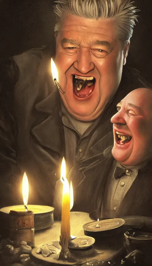 Prompt: david lynch as fat drunk tavern owner, laughing, candles, fame of thrones, warhammer, fibonacci, sweat drops, intricate fashion clothing, insane, intricate, highly detailed, surrealistic, digital painting, artstation, concept art, smooth, sharp focus, illustration, unreal engine 5, 8 k, art by artgerm and greg rutkowski and alphonse mucha