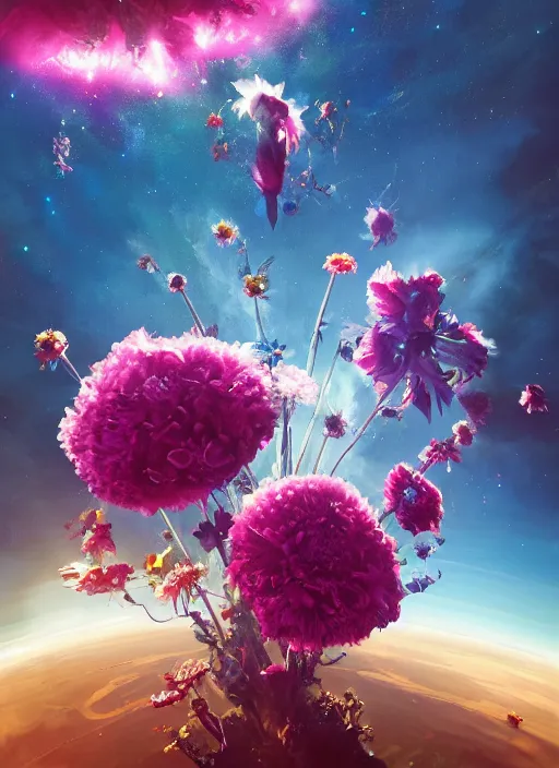 Image similar to An epic fantastic realism comic book style painting of the most beautiful flowers launched into space, bouquets, fisheye lens, unreal 5, DAZ, hyperrealistic, octane render, dynamic lighting