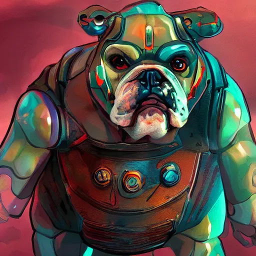 Image similar to cyborg bulldog comic style concept art, elegant, colorful, highly detailed, digital painting, artstation, concept art, illustration