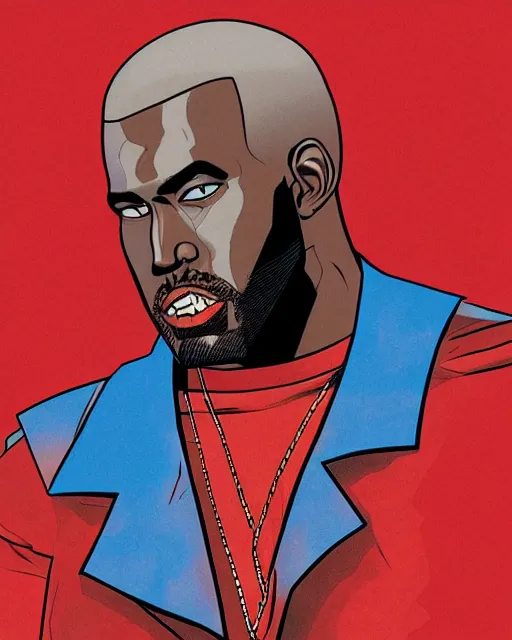 Prompt: Marvel Comics (1990s) X-Men comic book cartoon illustration of Kanye West on red background