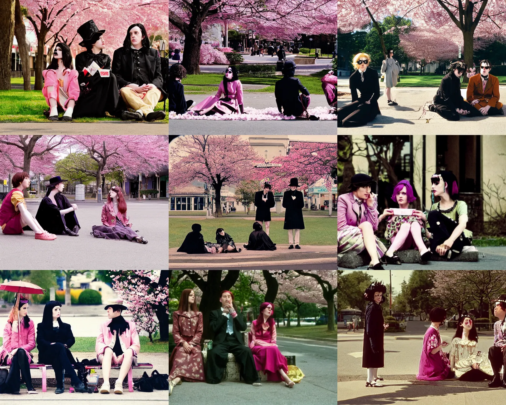 Prompt: a film still by wes anderson. three goths loitering in the shade, talking beneath a cherry blossom outside a blockbuster video store.