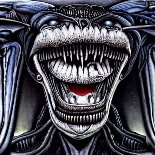 Prompt: alien trump, sharpt teeth, by h. r. giger, nightmare fuel, nightmarish, intricate, highly detailed, optical illusion, president trump