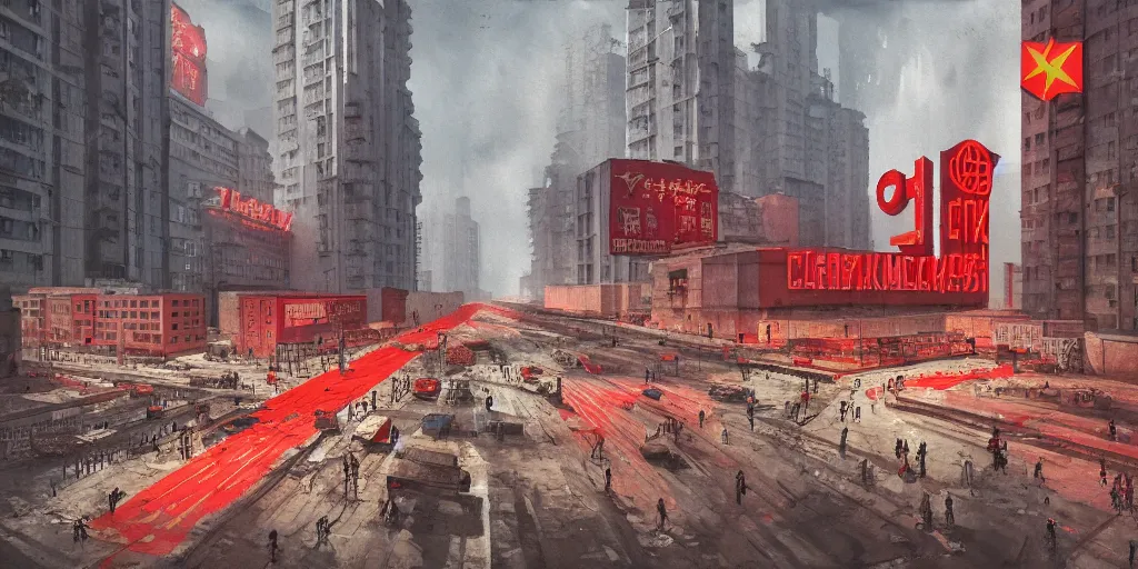 Prompt: landscape of a communist cyberpunk soviet city with neon hammer and sickle signs, crowds of people, brutalist architecture, watercolor, ultra realistic, highly detailed, hd, sharp focus, cinematic lighting, mood lighting, realistic, photorealistic, vivid colors, painting, photograph, digital art, non blurry, sharp, artstation, concept art, smooth, illustration