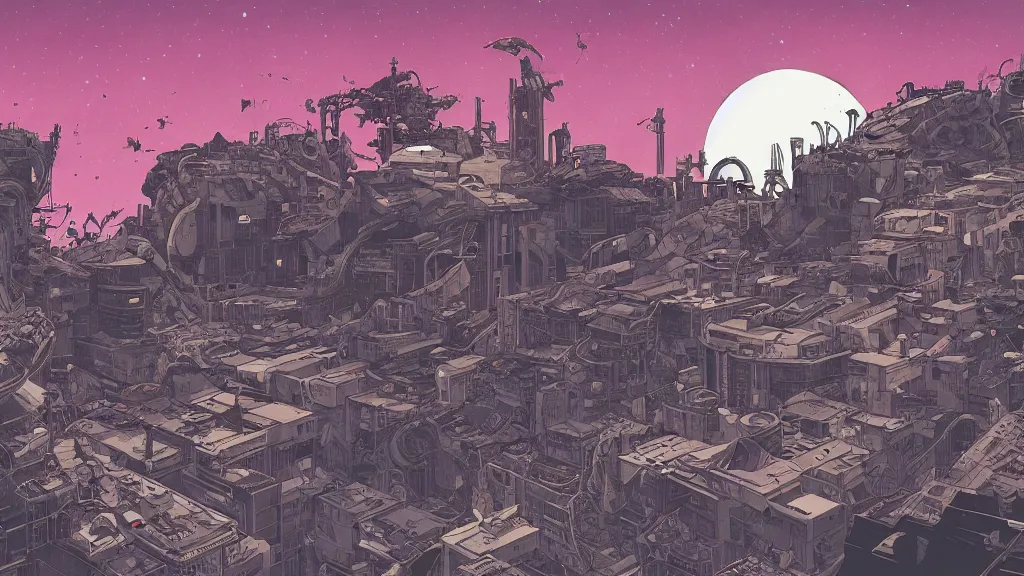 Image similar to very detailed, prophet graphic novel, ilya kuvshinov, mcbess, rutkowski, simon roy, illustration of space junk floating in space around a dystopian dead planet earth, illustration of decrepit cyberpunk arcologies, wide shot, colorful, deep shadows, astrophotography