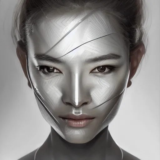 Prompt: asian - european woman face portrait, face covered with chrome lines, ethereal, highly detailed, by andrew chiampo, beeple, artstation, and frederik heyman, extremely detailed woman, stunning volumetric lighting, hyper realism, fantasy, intricate detail,